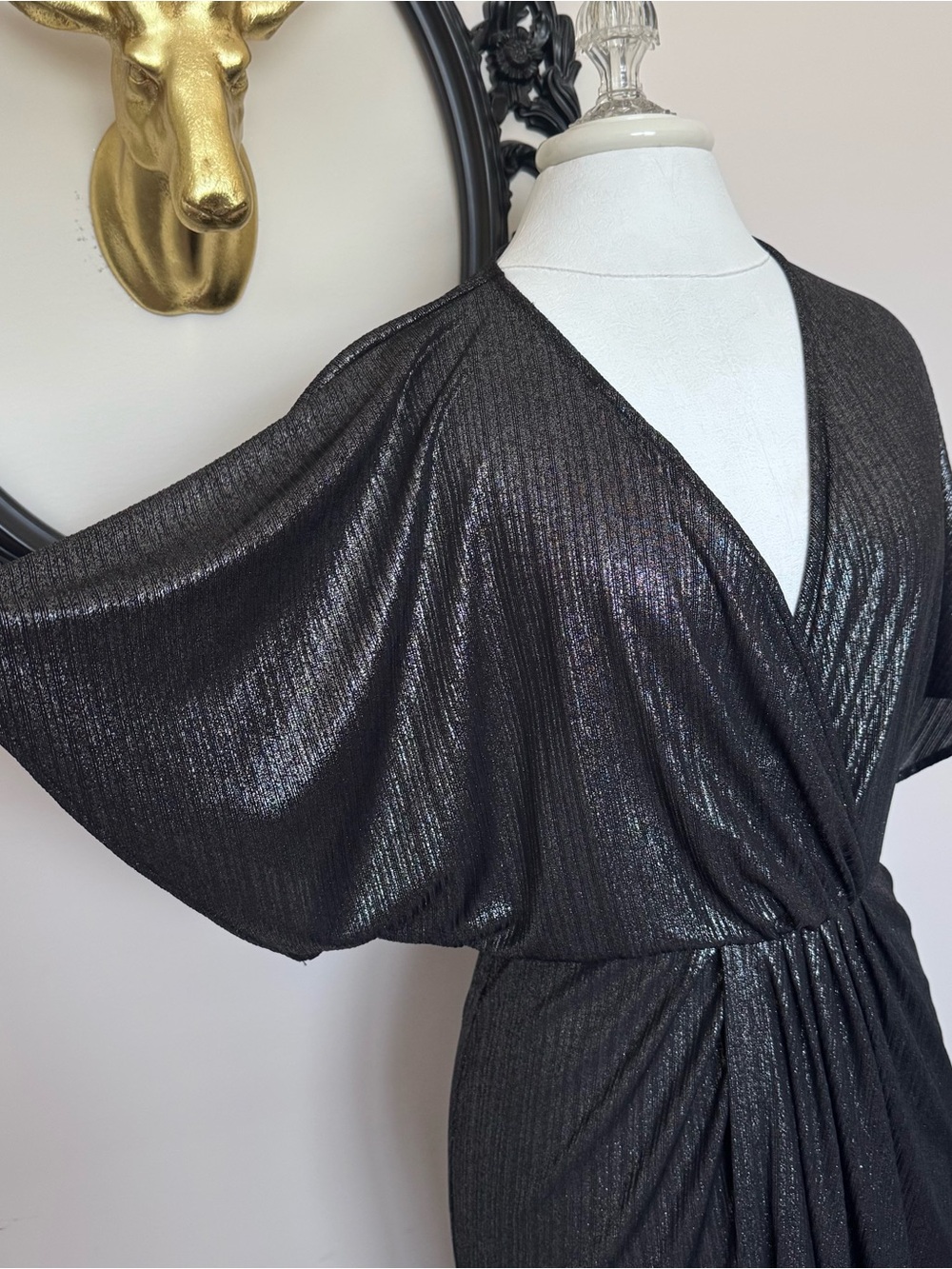 ASOS Dark Silver Black Metallic Wrap Kimono Maxi Dress - Picture 3 of 11